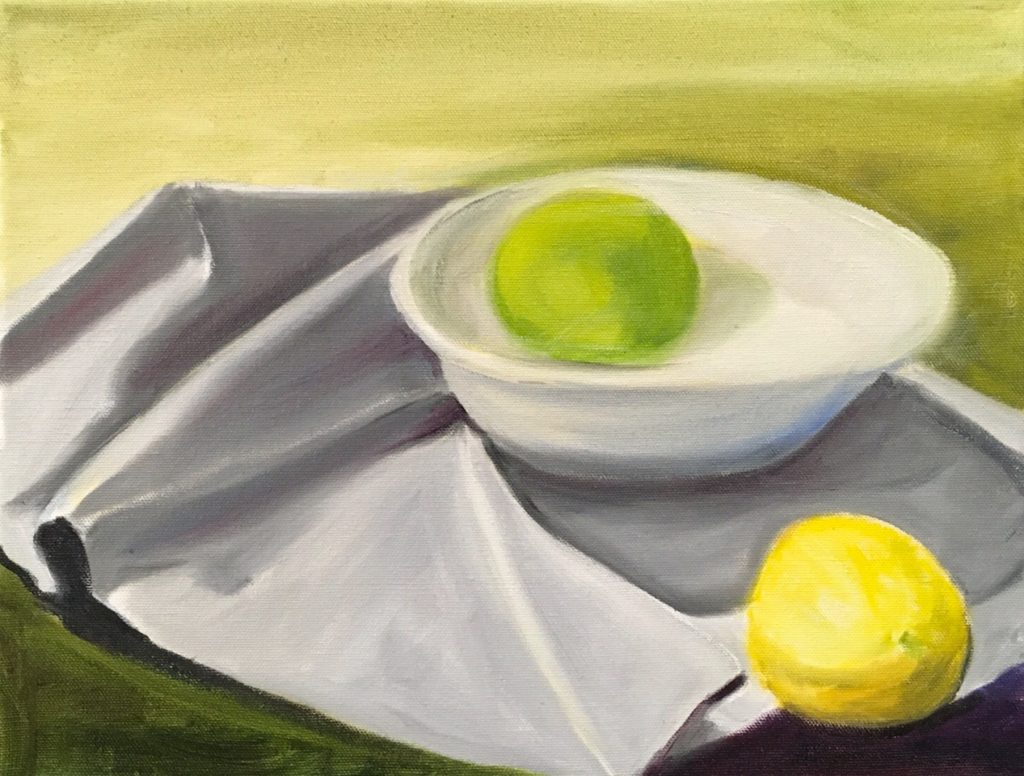 An oil painting of fruit, a bowl and a draped cloth.
