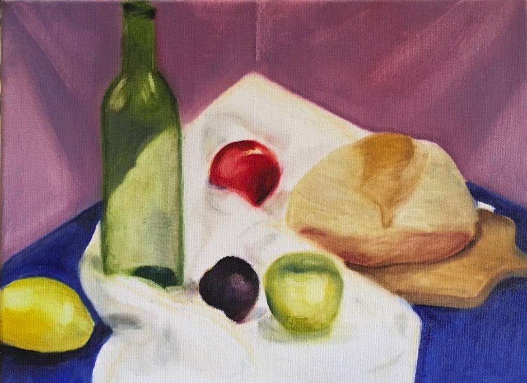 An oil painted still life with a loaf of bread, fruit and green glass bottle.