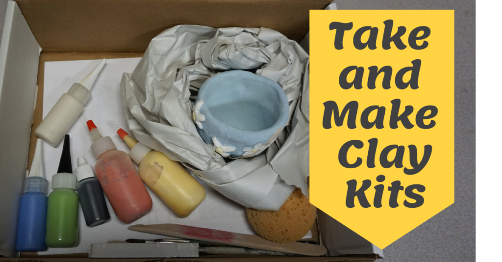 A view of a Take and Make Clay Kit, including squeeze bottles of glaze, tools and a small bowl nestled in newsprint that has been returned for firing.