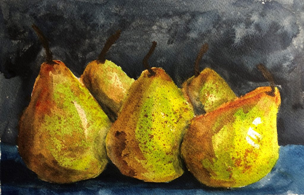 A watercolor painting of a collection of ripe pears.