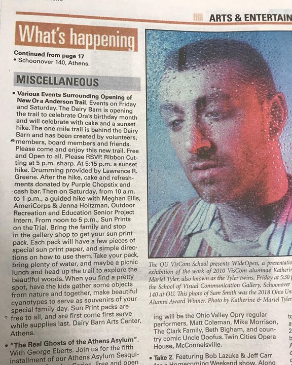 Thank You @theathensnews !! The Ora Anderson Trail Opening & The Wide Open: Excellence in Photography Alumni Award Winners Event listed in the What’s Happening Section.
#dairybarnartscenter #oraandersontrail #athensohio #theathensnews